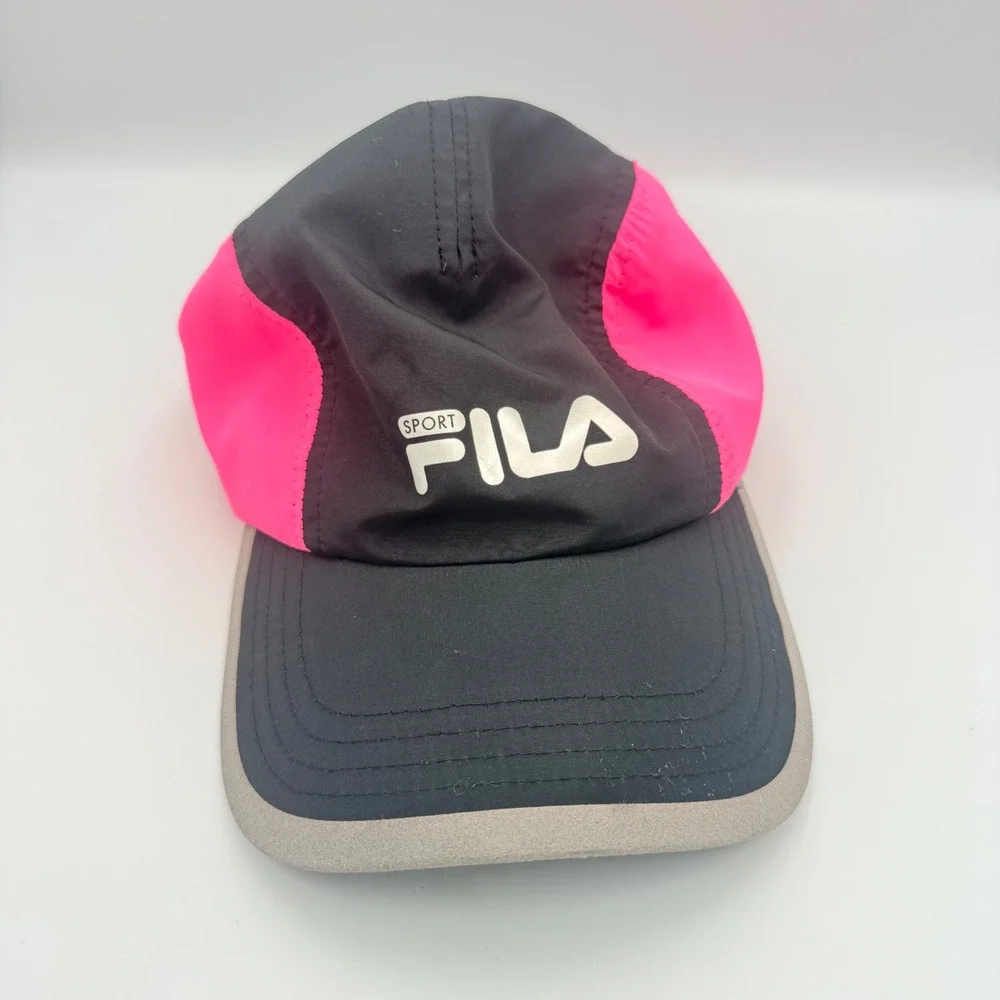 Fila Sport Running Hat Black Neon Pink Reflective Trim Adjustable Cap